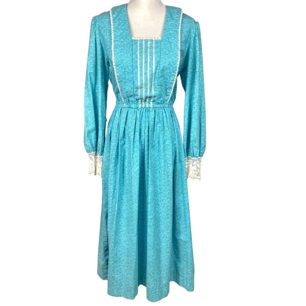 Vintage Gunne Sax Prairie Dress Floral Blue White Lace Neckline & Cuffs No Tags